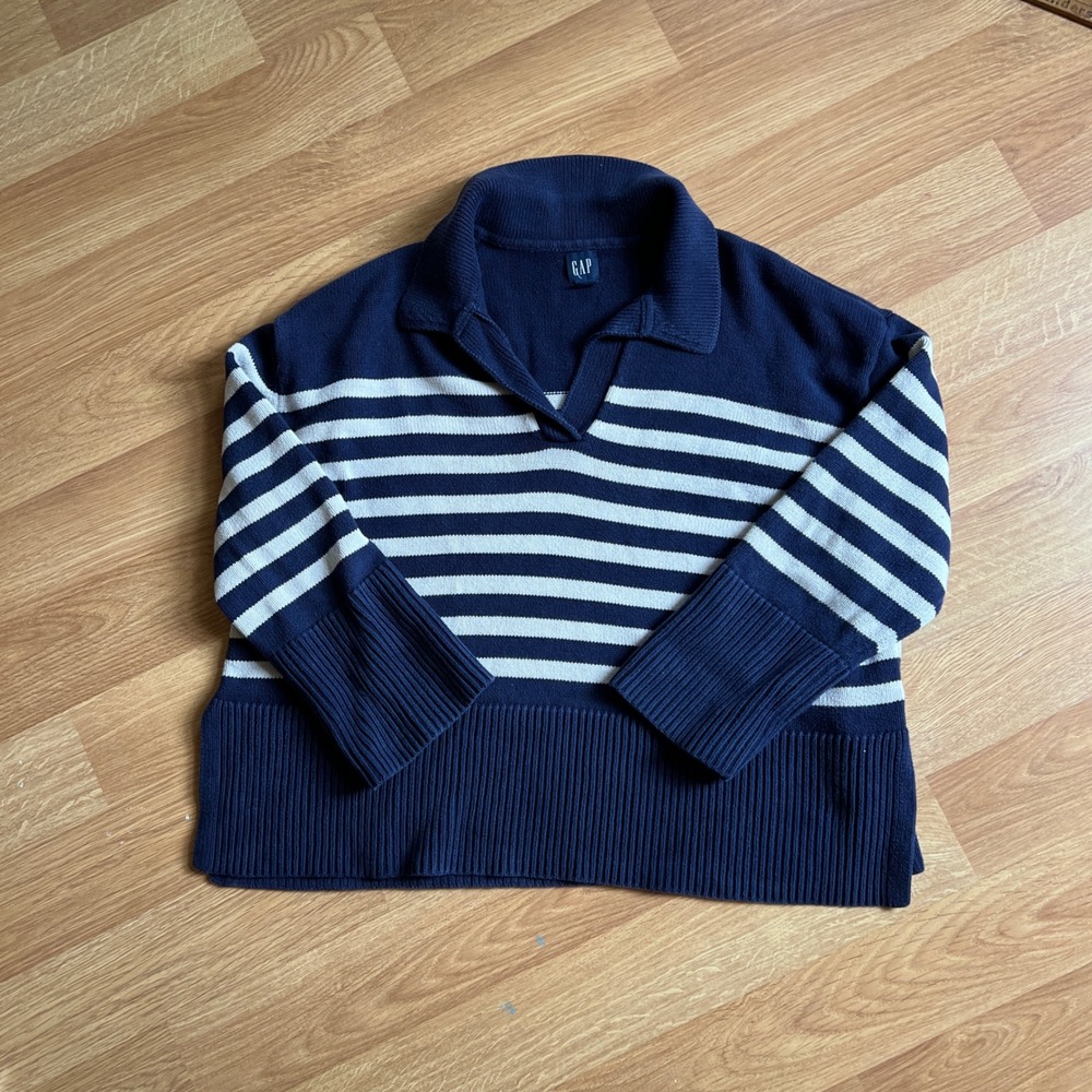 GAP Navy Nautical Striped Oversized Polo Sweater Womens Large Coastal Old Money